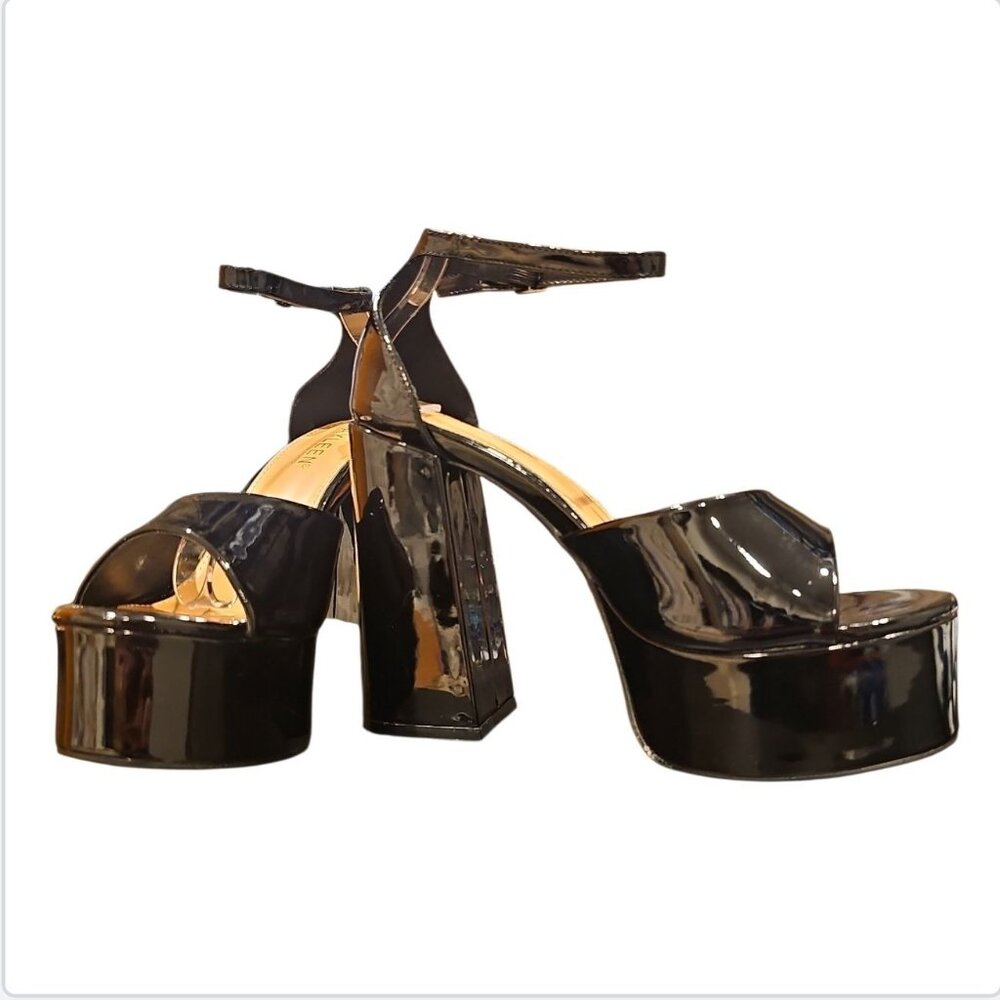 Metallic Black Platform High Heel Ankle Strap Sandals Glossy Patent Faux Leather - Picture 9 of 9